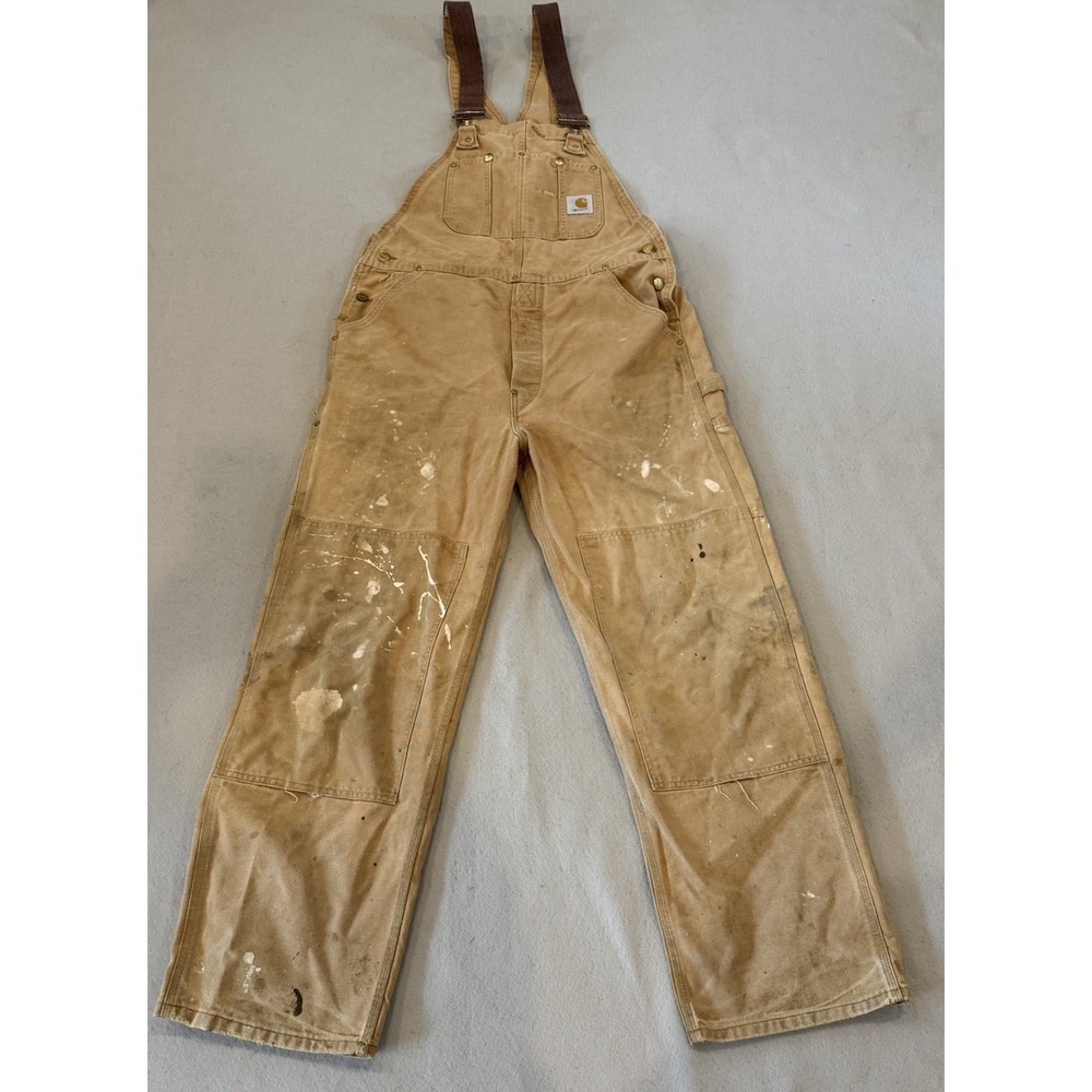 VTG Carhartt Overalls Men 34x30 Tan Duck Canvas Double Knee Workwear BRN WORN